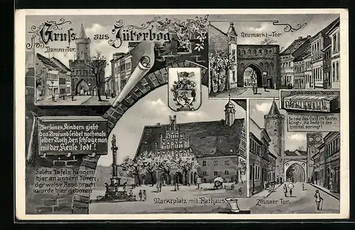 AK Jüterbog, Neumarkt-Tor, Marktplatz mit Rathaus, Stadtwappen