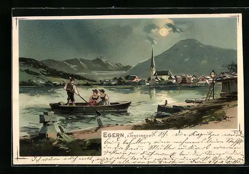 Künstler-AK Egern / Tegernsee, Idylle bei Mondschein mit romantischer Rudertour