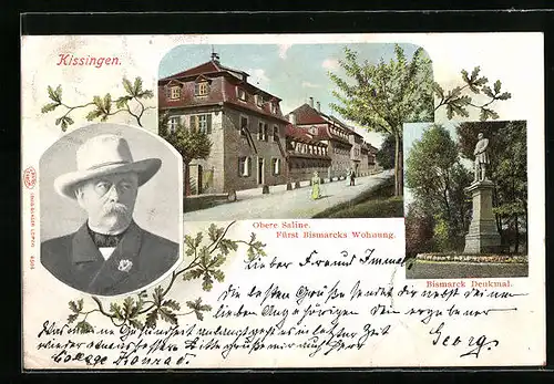 AK Bad Kissingen, Bismarckdenkmal und Portrait, Obere Saline mit Bismarcks Wohnung