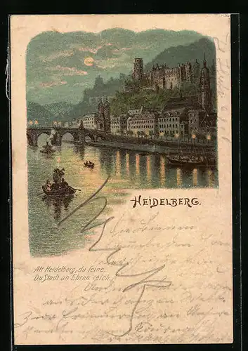 Mondschein-Lithographie Heidelberg, Teilansicht mit Schloss