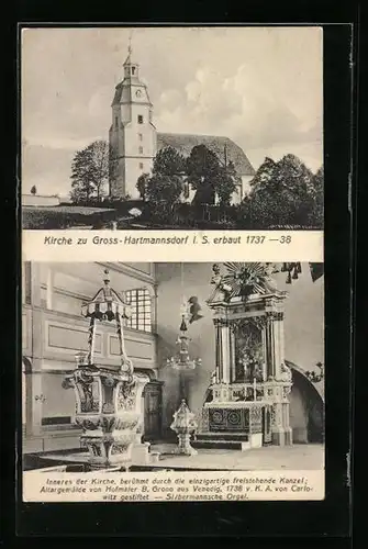 AK Gross-Hartmannsdorf i. S., Kirche, Aussen- und Innenansicht