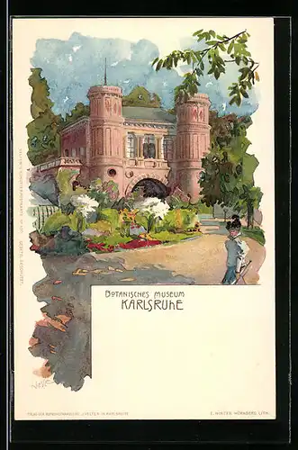 Lithographie Karlsruhe, Partie am Botanischen Museum