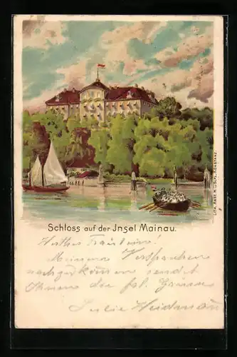 Lithographie Mainau, Schloss vom See aus gesehen