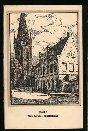 Künstler-AK Alt-Kiel, Altes Rathaus, Nikolaikirche