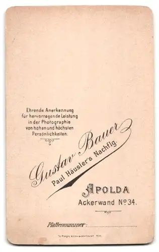 Fotografie Gustav Bauer, Apolda, Ackerwand 34, Junge Dame mit zurückgebundenem Haar