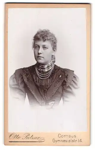 Fotografie Otto Putzar, Cottbus, Gymnasialstrasse 14, Junge Dame im bestickten Kleid