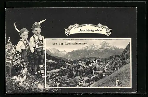 AK Berchtesgaden, Totale von der Locksteinstrasse aus gesehen, Knaben in Tracht