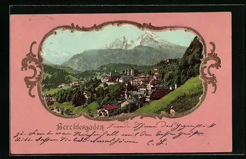 Passepartout-AK Berchtesgaden, Gesamtansicht im goldenen Rahmen