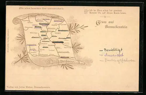 Künstler-AK Benneckenstein, Landkarte mit Goslar, Halberstadt und Tanne