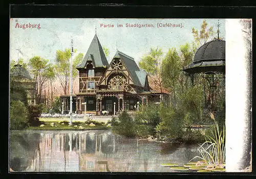 AK Augsburg, Partie im Stadtgarten mit Cafehaus