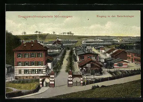 AK Münsingen, Truppenübungsplatz, Eingang in das Barackenlager