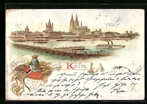 Lithographie Köln, Uferpartie mit Kirche, Wappen
