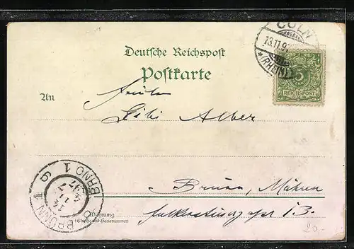 Lithographie Köln, Uferpartie mit Kirche, Wappen