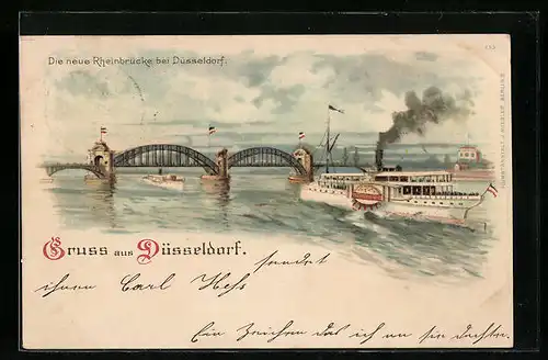 Lithographie Düsseldorf, Die neue Rheinbrücke mit Dampfer