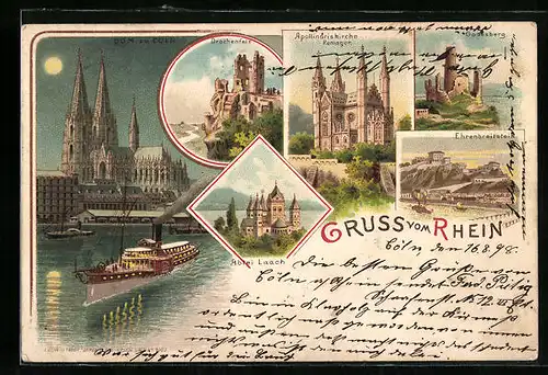 Lithographie Köln, Dom bei Mondschein, Drachenfels, Abtei Laach