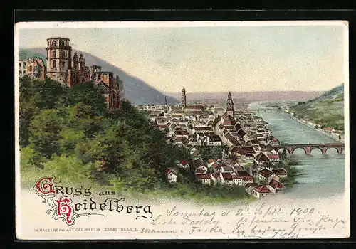 Lithographie Heidelberg, Teilansicht mit Brücke