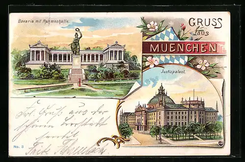 Lithographie München, Justizpalast, Bavaria mit Ruhmeshalle