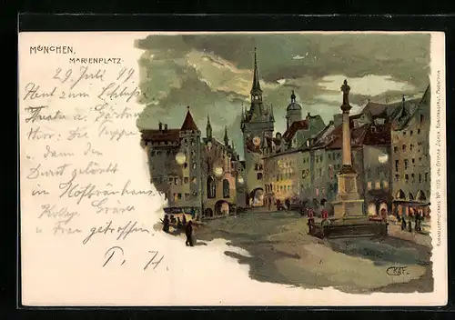 Lithographie München, Marienplatz mit Denkmal