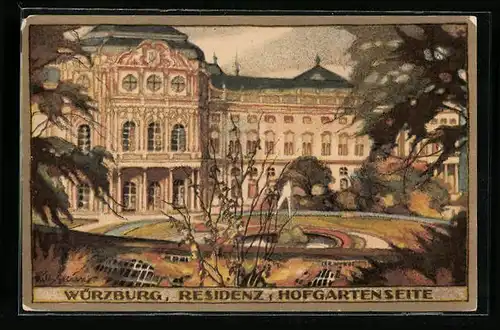 Steindruck-AK Würzburg, Die Residenz, Hofgartenseite