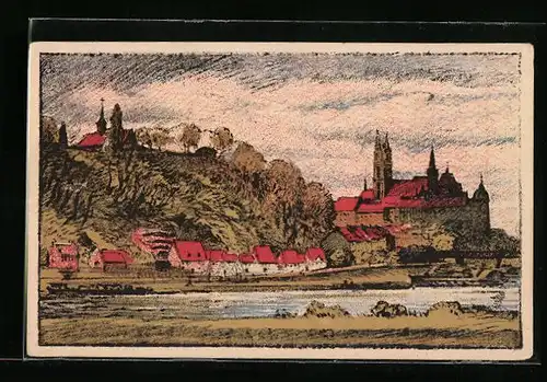 Steindruck-AK Meissen, Motiv von der Stadt an der Elbe