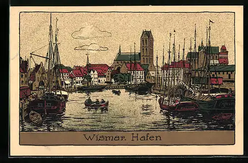 Steindruck-AK Wismar, Hafen mit Ortsansicht