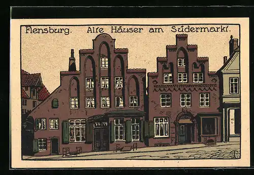 Steindruck-AK Flensburg, Alte Häuser am Südermarkt