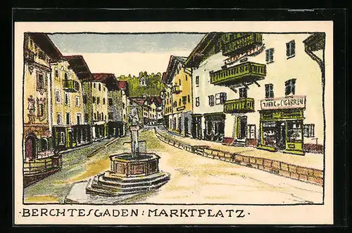 Steindruck-AK Berchtesgaden, Marktplatz umgeben von Geschäften