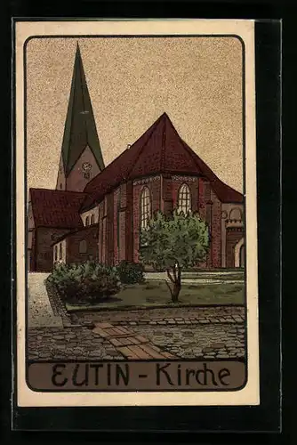 Steindruck-AK Eutin, Ortspartie mit Kirche