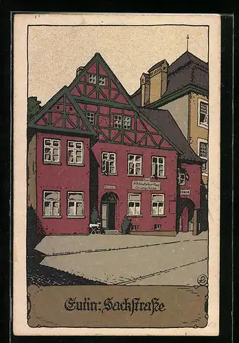 Steindruck-AK Eutin, Sackstrasse mit Gasthaus Zum Altdeutschen Haus