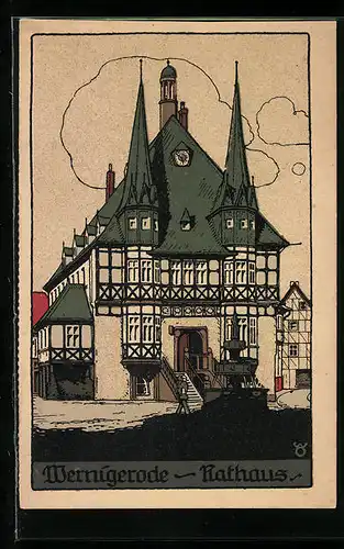 Steindruck-AK Wernigerode, Motiv mit dem Rathaus