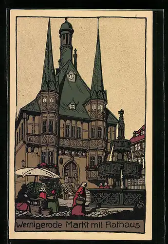 Steindruck-AK Wernigerode, Markt mit Rathaus