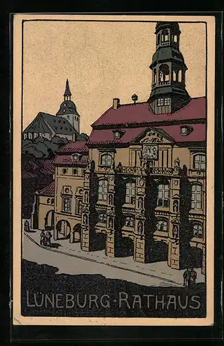 Steindruck-AK Lüneburg, Passanten vor dem Rathaus