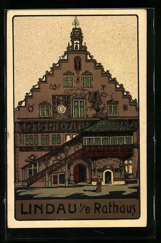 Steindruck-AK Lindau i. B., Wunderschön verziertes Rathaus