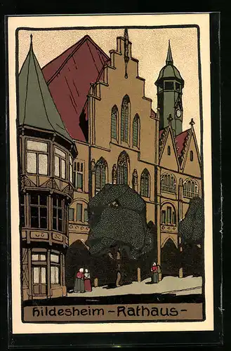 Steindruck-AK Hildesheim, Partie am Rathaus