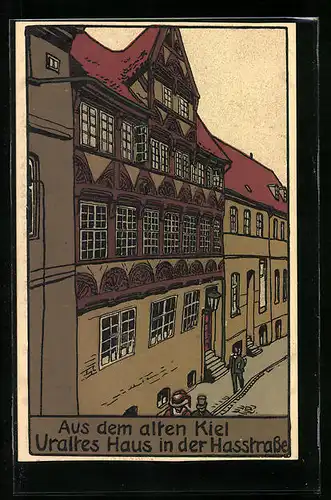 Steindruck-AK Kiel, Uraltes Haus in der Hasstrasse