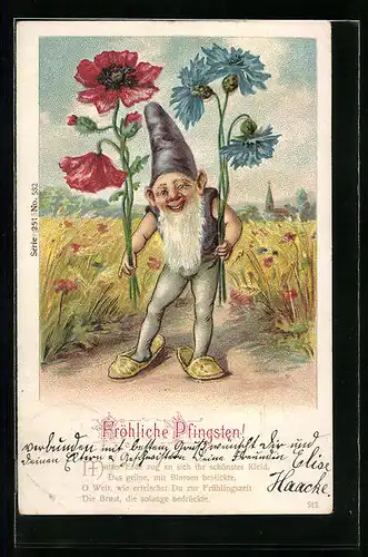 Lithographie Lachender Zwerg mit Mohnblume und Kornblume zu Pfingsten