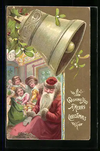 AK Weihnachtsmann mit Geschenken, Glocke, Stoffbezogen