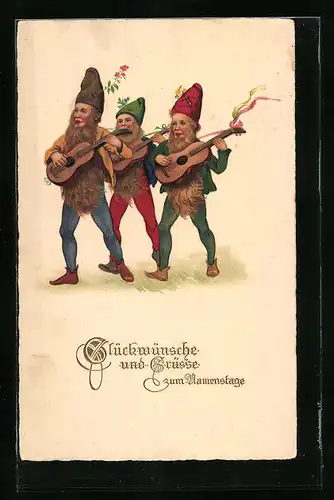 Künstler-AK Zwerge gratulieren zum Namenstag mit Gitarren
