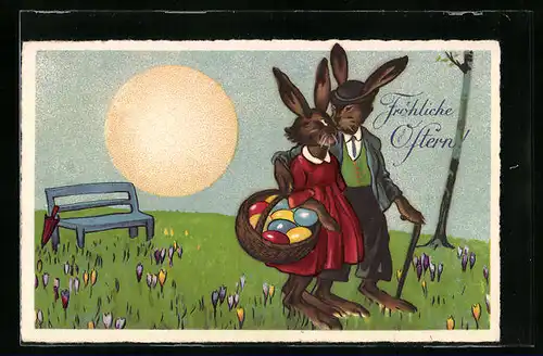 Künstler-AK Osterhasen beim Spaziergang im Sonnenuntergang