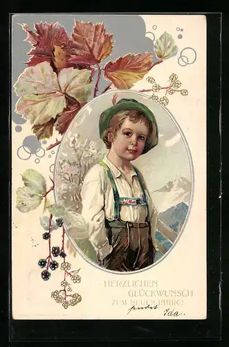 Präge-AK Junge in Tracht, Glückwünsche zum neuen Jahre