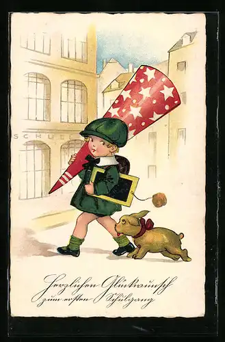 Künstler-AK Glückwünsche zum Schulanfang, Junge mit Schultüte und Hund