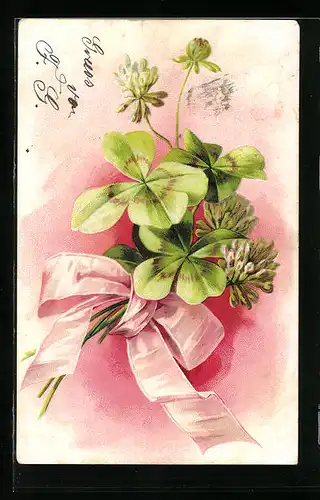 Präge-AK Kleeblätter mit Schleife