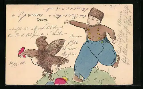 AK Fröhliche Ostern, Junge jagt Huhn