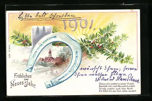 AK Fröhliches neues Jahr, Dorflandschaft und Hufeisen