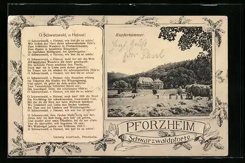 AK Pforzheim, Gasthaus Kupferhammer, Gedicht O Schwarzwald, o Heimat!