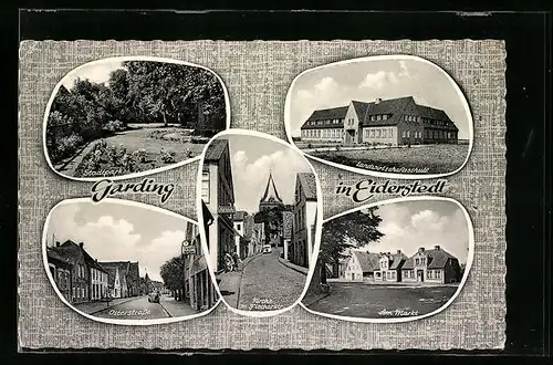 AK Garding in Eiderstedt, Landwirtschaftsschule, Osterstrasse, Fischerstrasse mit Kirche