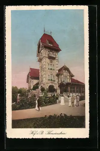 AK Hof i. B., Besucher am Theresienstein