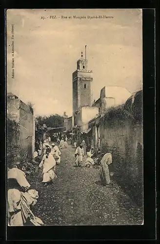 AK Fez, Rue et Mosquee Djama-El-Hamra