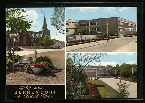 AK Berrendorf b. Elsdorf, Strassenpartie mit Kirche und Hallenbad