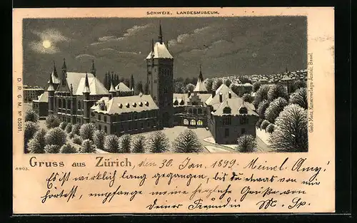 Mondschein-Lithographie Zürich, Schweiz. Landesmuseum im Winter